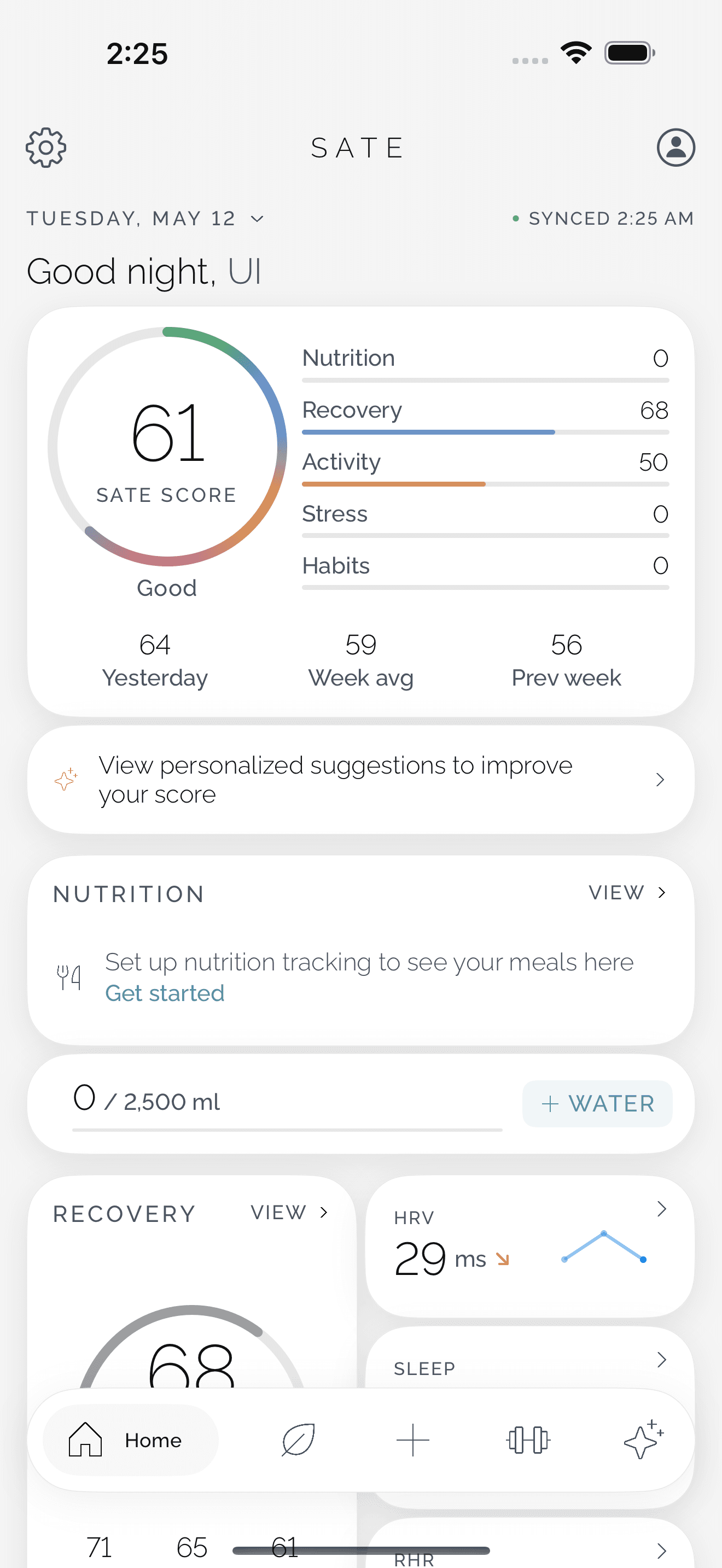 the sate home screen — today's sate score with its pillar breakdown, recovery and hrv