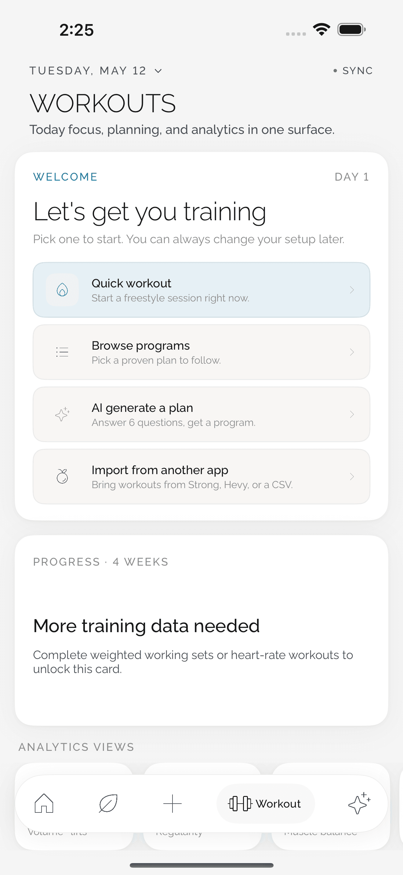the sate workouts screen — training load and session history